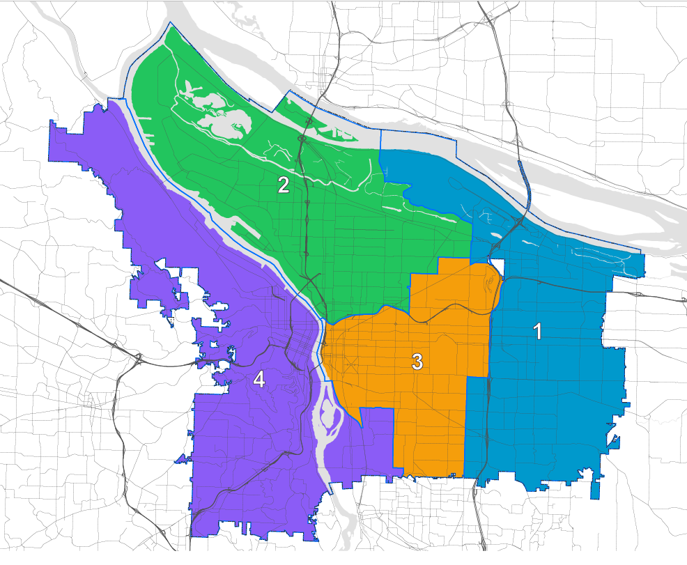 Map of Portland's 4 City Council Districts